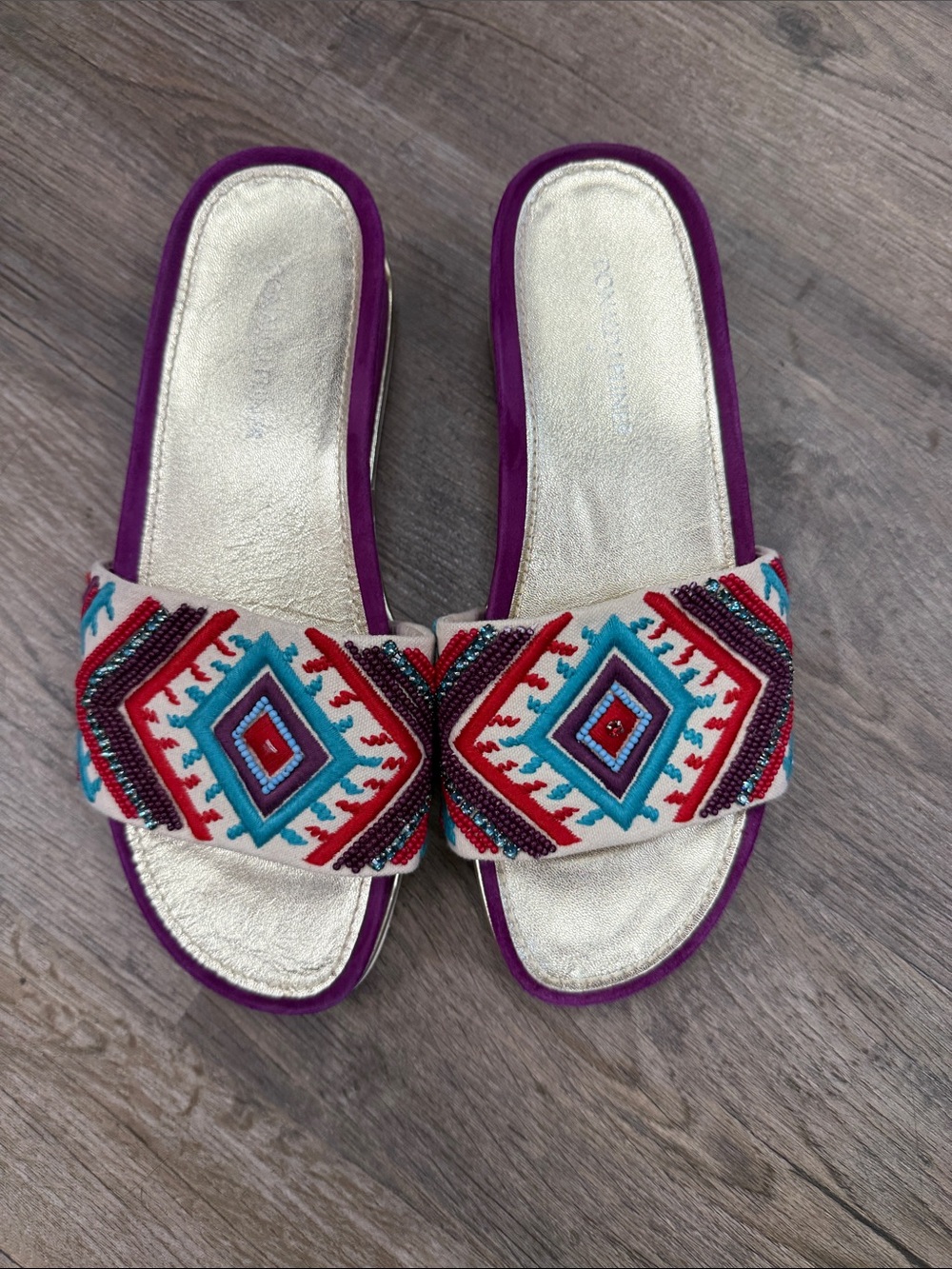 Donald J. Pliner Embroidered Slide Sandals in Purple, Turquoise, Red, Cream